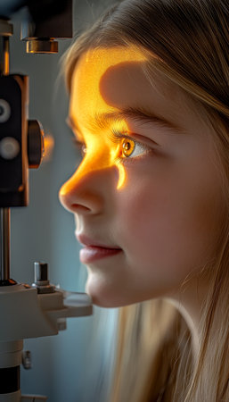 Young Girl Undergoing a Comprehensive Eye Exam with a Slit Lamp at the Ophthalmology Clinicの素材