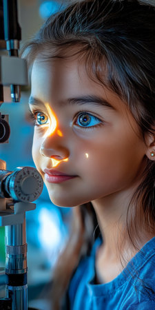 Young Girl Undergoing an Eye Examination with a Slit Lamp, Focusing on Eye Health and Vision Careの素材