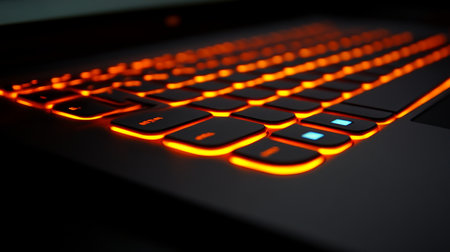 Close Up, Futuristic Orange Neon Laptop Keyboard, Illuminated Keys, Technology Backgroundの素材