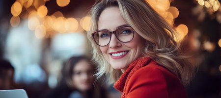 Successful Female Entrepreneur Smiling in Trendy Coffee Shop Thriving Small Business Owner Portraitの素材