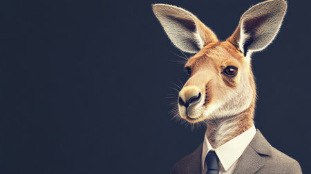 Anthropomorphic Kangaroo Businessman in Suit, Isolated on Dark Background, Conceptual Imageの素材