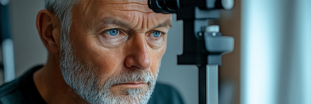 Close-up of Senior Man Getting an Eye Exam with Slit Lamp at the Ophthalmology Clinicの素材