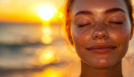 Golden Hour Bliss, Portrait of Serene Woman at Sunset, Natural Beauty, Vibrant Colors.の素材