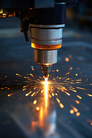 High-Precision CNC Plasma Cutting Machine in Operation, Generating a Shower of Sparks on Metal Sheetの素材