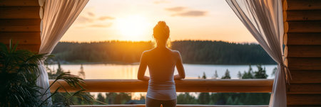 Woman Enjoys a Serene Golden Hour on a Cabin Balcony Overlooking a Tranquil Lake and Forest Viewの素材