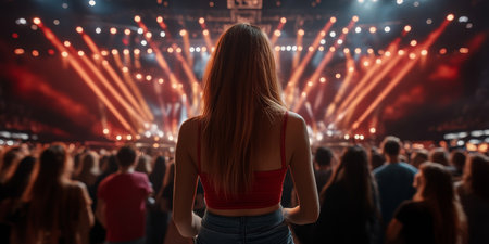 Young Woman Immersed in the Atmosphere, Back View of Crowd Attending Energetic Live Concert.の素材