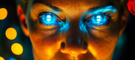 Futuristic Woman with Glowing Blue Eyes, a Captivating Portrait Illuminated by Vibrant Lightsの素材