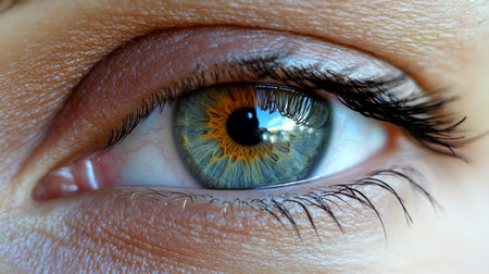 Closeup ofhazel eye with scattered light relection, detailed iris and natural skin tones.の素材