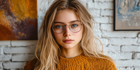 Portrait of a Young Woman with Golden Hair and Glasses, Posing Against a White Brick Wallの素材