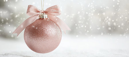 Elegant Pink Glitter Christmas Ornament with Satin Ribbon, Snowy Background, and Holiday Bokehの素材