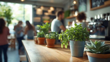 Coffee Shop, Lively Atmosphere with Motion Blur, Modern Minimalist Interior Design with Lush Plantsの素材