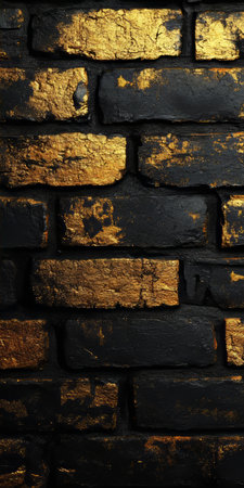 Gilded Darkness Abstract Grunge Background with Bold Gold-Highlighted Brick Wall Textureの素材