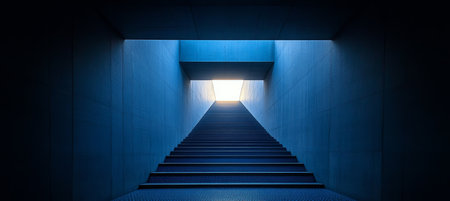 Blue Stairway Ascending to the Light, Symbolizing Hope, Success, and the End of a Tunnelの素材