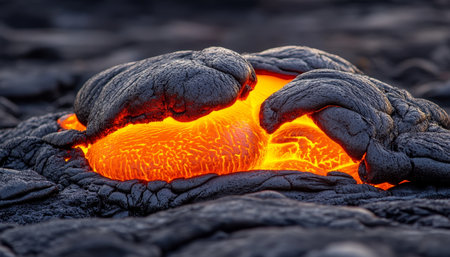 Molten Earth A Close Up Look at Glowing Lava Flowing Through Cracked Volcanic Rock Formationsの素材