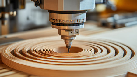 CNC Router Creating a Perfect Circle on Birch Plywood Automation and Precision in Woodworking.の素材