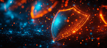 Abstract Blue, Orange, and Glowing Protection Shield on a Dark Background, Cybersecurity Concept.の素材