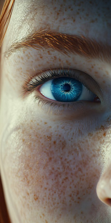 Close-up of a Young Woman s Face with Freckles and Piercing Blue Eyes, Illuminated by the Sunlight.の素材