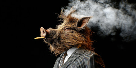 Anthropomorphic Wild Boar in Business Suit with a Cigarette A Portrait Against a Black Backgroundの素材