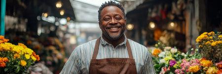 Cheerful Male Florist In Apron Smiling At Camera With Colorful Bouquets Of Flowers In His Shopの素材