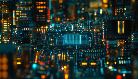 Abstract Digital City Glowing Geometric Circuitry On Dark Microchip, Modern Technology Backgroundの素材