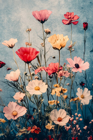 Watercolor Wildflower Harmony A Soft and Gentle Pastel Floral Arrangement on Dusty Blueの素材