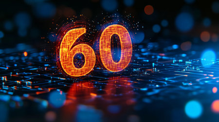 Glowing 3D Number 60 on Futuristic Abstract Background, Technology and Celebration Conceptの素材