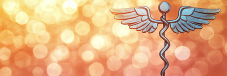 Caduceus Symbol of Healthcare and Medicine Against a Festive Golden Bokeh Background Artの素材