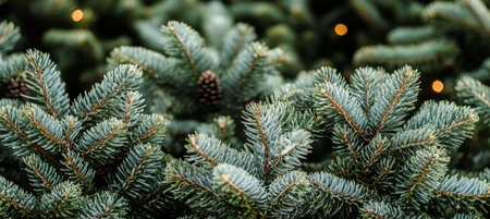 Close-up, Lush Evergreen Branches with Pine Cones A Festive Backdrop for Christmas Celebrations.の素材