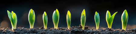 New Life, New Hope A Row Of Vibrant Green Sprouts Emerges From The Dark Soil Under Golden Light.の素材