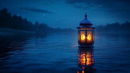 Traditional Arabic Lantern Floating on Water with Glowing Candlelight, Ramadan Kareem Backgroundの素材
