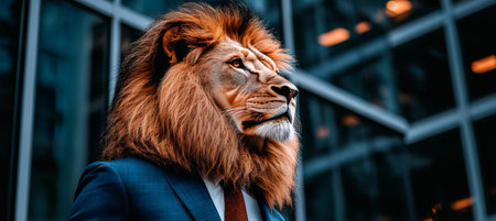 Majestic Lion in Suit A Powerful Blend of Animal and Human Traits on a Dark Backdropの素材