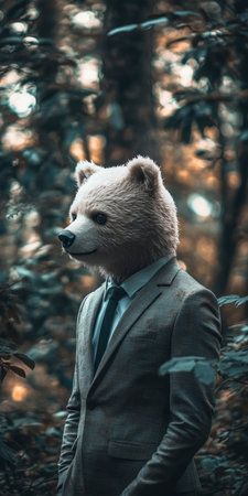 Portrait of Anthropomorphic Bear in Suit, Blending Animal and Human Traits Against Dark Backgroundの素材
