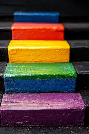 Colorful Rainbow Wooden Steps, Pride LGBTQ Colors, Diversity Concept, Painted Stairs Backgroundの素材