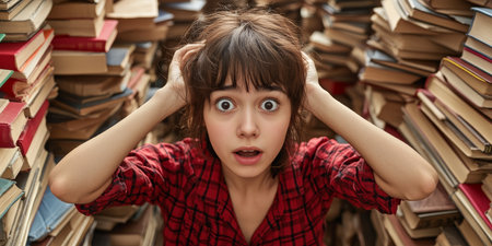 Overwhelmed Student Surrounded by Books, Expressing Frustration and Surprise in Study Roomの素材