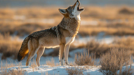 Lone Coyote Howling at Sunset, Winter Landscape, Wildlife Photography, Majestic Animal Portraitの素材