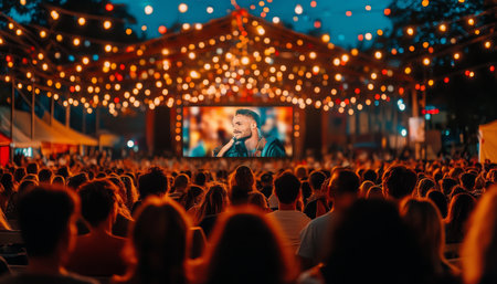Summer Night Cinema Under the Stars Crowd Enjoys Outdoor Movie Screening with Vibrant Lightingの素材