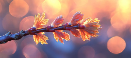 Delicate Spring Leaves Unfurling on Twig, Backlit by Golden Hour Sunlight with Bokeh.の素材
