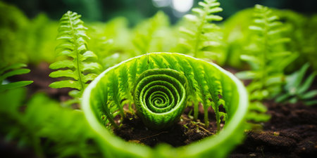 Unfurling Beauty Macro Detail of a Vibrant Green Fern Spiral Emerges from Lush Forest Floorの素材