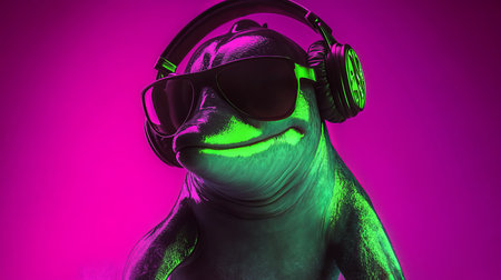Neon Party Animal Smiling Dolphin DJ in Headphones and Sunglasses, Isolated on Vibrant Backgroundの素材