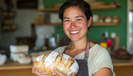 Artisan Baker s Pride Young Woman Holds Freshly Baked Sourdough Bread in Modern Bakeryの素材