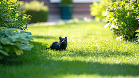 Black Cat Sitting in a Lush, Green Garden A Portrait of Pet Serenity on a Sunny Summer Day.の素材