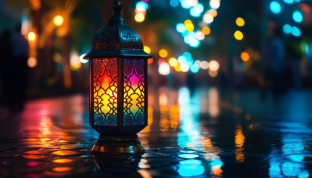 Traditional Arabic Lantern on Reflective Surface With Festive Bokeh for Ramadan and Eid Celebrationの素材