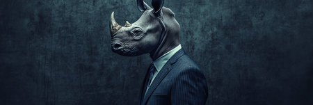 Rhinoceros in a Suit, Anthropomorphic Business Portrait Against a Textured Dark Backgroundの素材