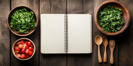 Recipe Book With Fresh Salad Ingredients, Tomatoes, And Seasoning On Rustic Wooden Tableの素材