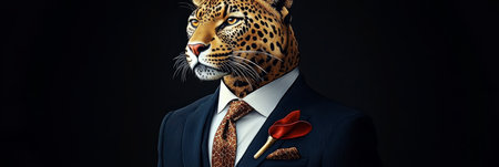 Anthropomorphic Panther in Suit, Profile on Dark Background, Blending Animal and Humanの素材
