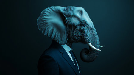 Anthropomorphic Elephant in Suit, Profile on Dark Background, Animal Human Hybrid Concept.の素材