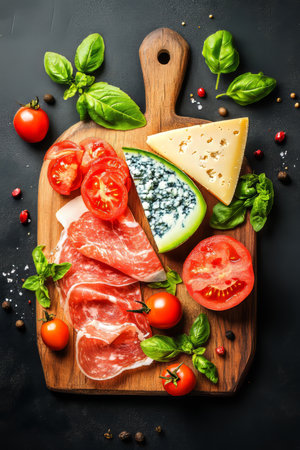 Gourmet Antipasti Platter Prosciutto, Cheese, Melon, and Fresh Ingredients on Rustic Wood Boardの素材