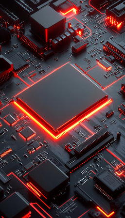 Glowing AI Chip A Modern Motherboard Close-Up, Highlighting Artificial Intelligence Technology.の素材