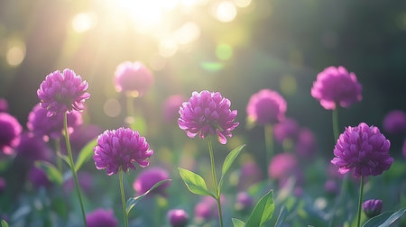 Vibrant Purple Clover Flowers Bloom in Sunny Meadow with Golden Bokeh and Shallow Depth of Fieldの素材