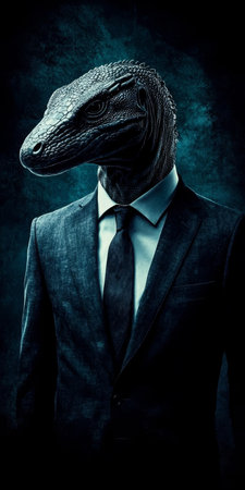 Serious Reptilian Businessman, Anthropomorphic Komodo Dragon in Suit, Portrait on Dark Backgroundの素材